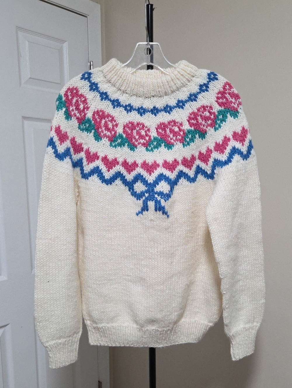 Cream Floral Yoke Knit Sweater with Blue Accents